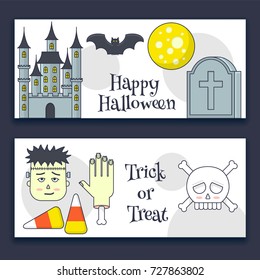 Halloween banner with castle, zombie, skull and tombstone