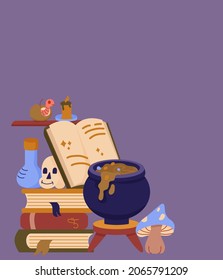 Halloween banner with cat, bubbling cauldron, the book of spells, owl and candle.
