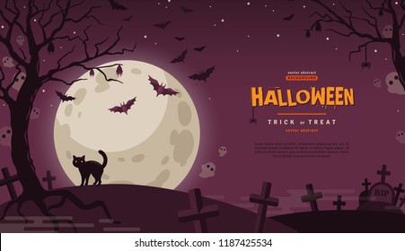 Halloween Banner and Cat at Cemetery  Vector Flat Illustration  Full Moon Night in Spooky Forest  Place for text