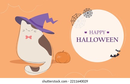 Halloween banner with a cat.  Cat in Halloween costume. Hand-draw , doodle, cute, cartoon style. Illustration. Background. Vector.