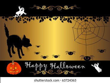 halloween banner with cat and spiders. vector.