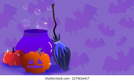 Halloween banner with cauldron, broom and pumpkins. Bats background. Halloween invitation. Halloween card. Vector graphics.