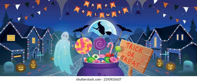 Halloween banner with cauldron with sweets, ghost and a wooden board with the inscription  "trick or treat ". Suburban houses, street with cottages with garages  on Halloween at night.