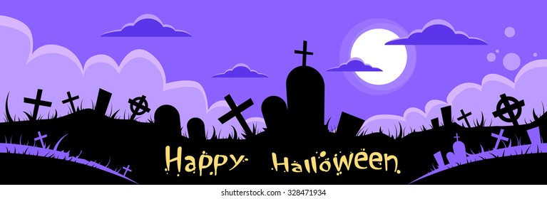 Halloween Banner Cemetery Graveyard Card Flat Vector Illustration