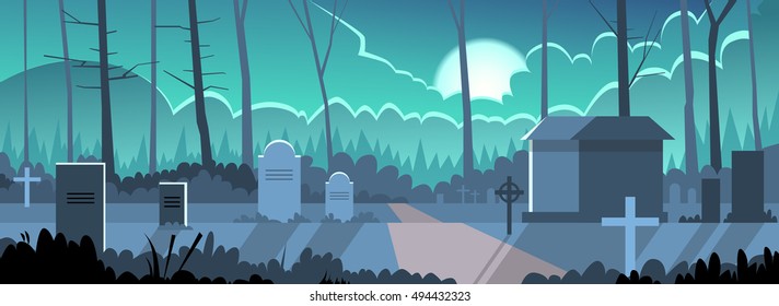 Halloween Banner Cemetery Graveyard Grave Stone Night Flat Vector Illustration