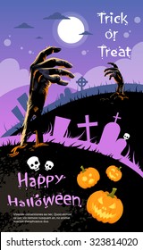 Halloween Banner Cemetery Graveyard Hand From Ground Party Invitation Card Flat Vector Illustration