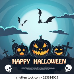 Halloween Banner Cemetery Graveyard Party Invitation Card Pumpkin Face Flat Vector Illustration