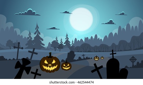 Halloween Banner Cemetery Graveyard Pumpkin Face Flat Vector Illustration