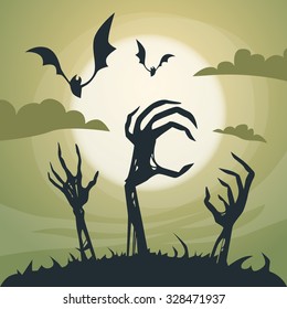 Halloween Banner Cemetery Graveyard Skeleton Hand From Ground Party Invitation Card Flat Vector Illustration