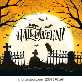 Halloween-Banner mit Friedhof-Silhouette, Rabe und Cobweb, Vektorurlaub Horror-Nachthintergrund. Frohe Halloween-Grußkarte, RIP-Grabsteine auf dem Friedhof mit Fledermäusen, Spinnen und Mond