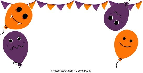 Banner de Halloween con globos de personajes, banderas de feriados y espacio para copiar. Globos con caras, emociones, sonrisas, colmillos de miedo