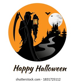 Halloween banner in a circle on a white background. Scary landscape, the road to the castle and death.