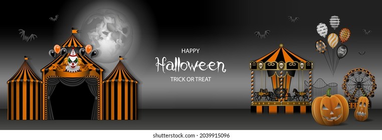 halloween banner with circus, evil clown, carousel, ferris wheel and pumpkins. horror luna park