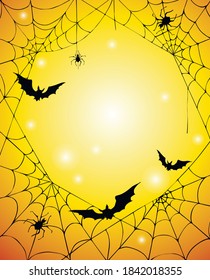 Halloween banner with cobweb, spiders and bats on orange background. Halloween card. Vector illustration.