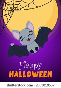 A Halloween banner with cobwebs.  Cute cartoon bat on the background of the moon, Halloween, for decorating postcards and stickers. Halloween Design, Halloween Mood