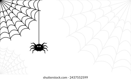 Halloween banner with cobwebs and spiders. Black Fanny Spider and a  Corner of Torn Web. Scary Web Halloween symbol. Vector illustration isolated on  white 