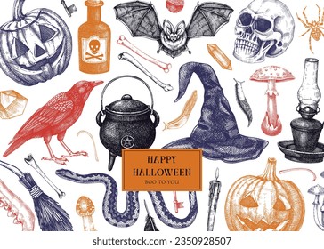 Halloween banner in color. Hand drawn vector illustration. Skulls, bones, pumpkin, poisonous mushrooms, snakes, raven, witch hat sketches. Autumn holiday design. Vintage Halloween party invitation