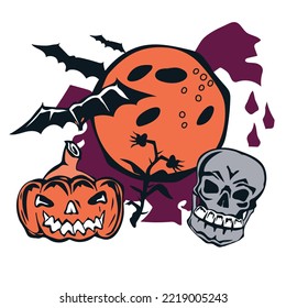 Halloween banner composition for holiday party and festivals with pumpkin lantern monster and skull, cartoon vector isolated illustration on white background.