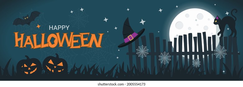 Halloween banner concept with full moon in the night sky, spider web, scary pumpkin, black cat on the fence and bat. Halloween background. Happy Halloween text. Vector flat design illustration