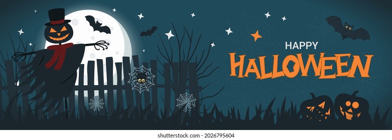 Halloween banner concept with full moon in the night sky, spider web, scary pumpkin, jack o'lantern scarecrow and bats. Halloween background. Happy Halloween text. Vector flat design illustration