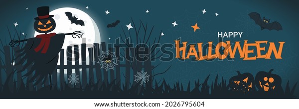Halloween banner concept with full moon in\
the night sky, spider web, scary pumpkin, jack o\'lantern scarecrow\
and bats. Halloween background. Happy Halloween text. Vector flat\
design illustration