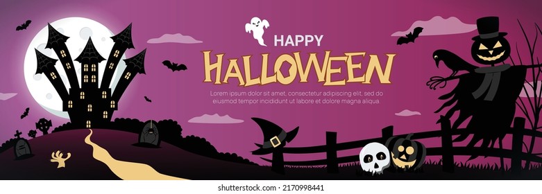 Halloween banner concept with scary castle, full moon, cemetery, zombie hand, jack lantern scarecrow and bats. Halloween background. Happy Halloween text. Vector flat design illustration