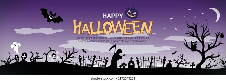 Halloween banner concept with silhouette cemetery, Grim Reaper, creepy trees, bats and ghost. Concept for banner, greeting card, party invitation. Happy Halloween text. Vector flat design illustration