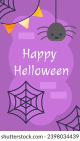 Halloween banner concept. Spider near web and decorative flags. Traditional international autumn holiday of fear and horror. Poster, cover or flyer. Cartoon flat vector illustration