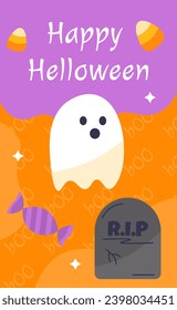 Halloween banner concept. White ghost with grave and candy in package. Traditional international holiday of fear and horror. Leaflet and booklet. Cartoon flat vector illustration