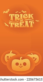 Halloween banner with copy space. Trick or treat lettering sign with bats and carved pumpkins. Cute and funny spooky style.