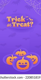 Halloween banner with copy space. Trick or treat lettering sign with bats and carved pumpkins. Cute and funny spooky style.