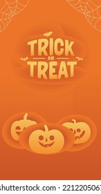 Halloween banner with copy space. Trick or treat lettering sign with bats and carved pumpkins. Cute and funny spooky style.