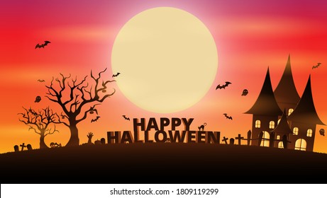 Halloween banner with creepy haunted house and tree. Flat Vector Illustration. Full Moon Night in the Spooky Forest.