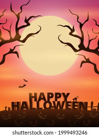 Halloween banner with creepy haunted tree. Flat Vector Illustration. Full Moon Night in the Spooky Forest.