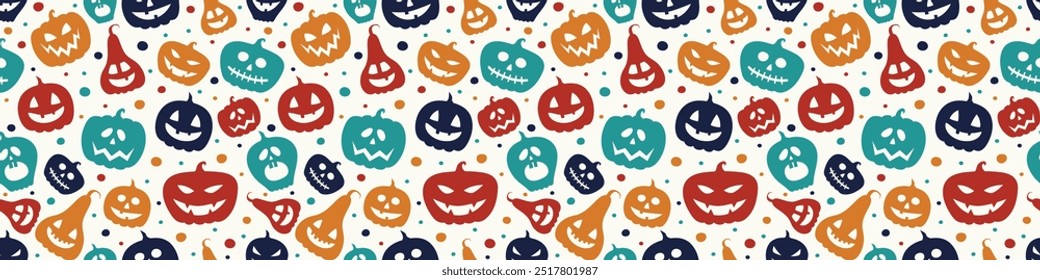 Halloween banner with creepy pumpkins. Seamless texture. Vector