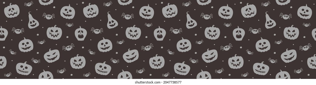 Halloween banner with creepy pumpkins and spiders. Seamless texture. Vector