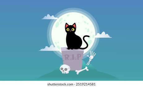 Halloween banner with cute black cat, skull, graveyard in light blue color background. Vector illustrations. Halloween festive banner, website, sale banner, poster template.