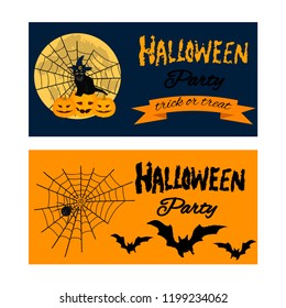Halloween banner with cute cat and  bats  under the moonlight. Elements, objects for holiday card, invitation and party design.