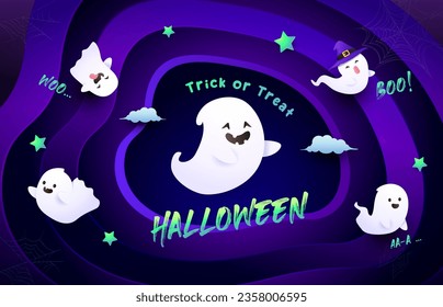 Halloween banner with cute ghosts, in neon purple color swirl background. Vector illustrations. Halloween festive banner, website, sale banner, poster template. 