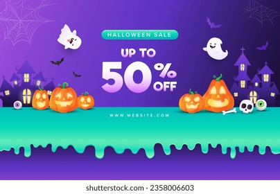 Halloween banner with cute ghosts, pumpkins, skull, castle in neon turquoise purple color background. Vector illustrations. Halloween festive banner, website, sale banner, poster template. 