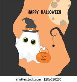 Halloween banner, Cute green round eyes fllying ghost  with pumkin lantern in night forrest.