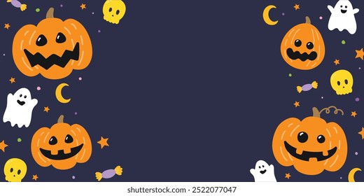 Halloween banner with cute hand drawn pumpkins, ghosts and skulls. Vector illustration