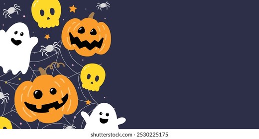 Banner de Halloween com abóboras desenhadas à mão bonito, fantasmas e crânios. Ilustração vetorial