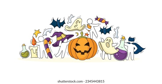 Halloween banner with cute icons of pumpkin, candies and ghosts. Doodle characters in costumes on Halloween party with witch hat, magic potion and pumpkin, vector hand drawn illustration