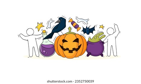 Halloween banner with cute icons of pumpkin, crow and people. Doodle Halloween objects - candy, magic potion and pumpkin, vector hand drawn illustration