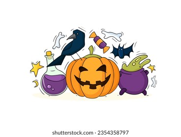 Halloween banner with cute icons of pumpkin, crow, bones. Doodle Halloween objects - candy, magic potion and pumpkin, vector hand drawn illustration