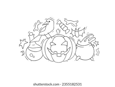 Halloween banner with cute icons of pumpkin, crow, bones. Doodle Halloween objects - candy, magic potion and pumpkin, vector hand drawn illustration