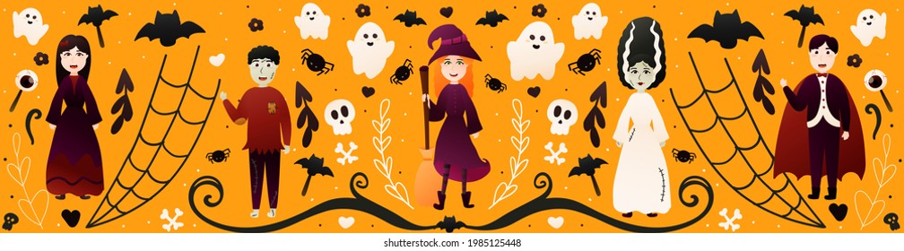 Halloween banner with cute lids in different spooky costumes on orange background with bats, skulls and spiders