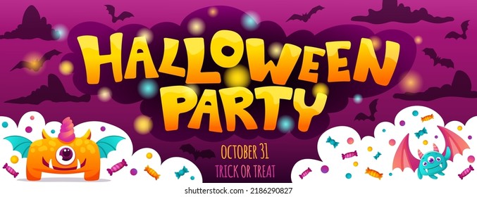 Halloween banner with cute little monsters for kids party. Vector cartoon illustration with Pumpkins, sweets, candies, bats and clouds. Colorful children banner