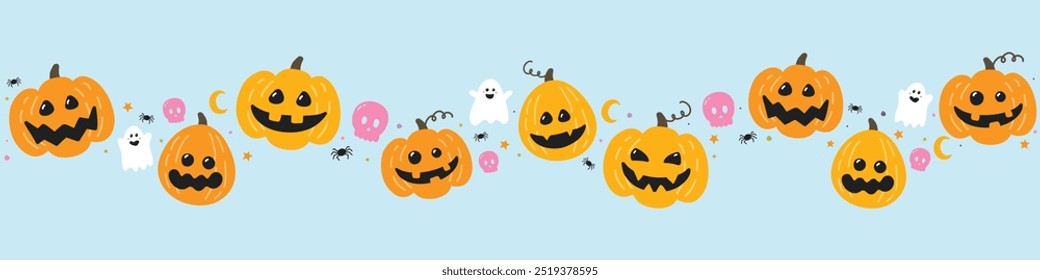 Banner de Halloween com abóboras bonitas. Ilustrador de vetor